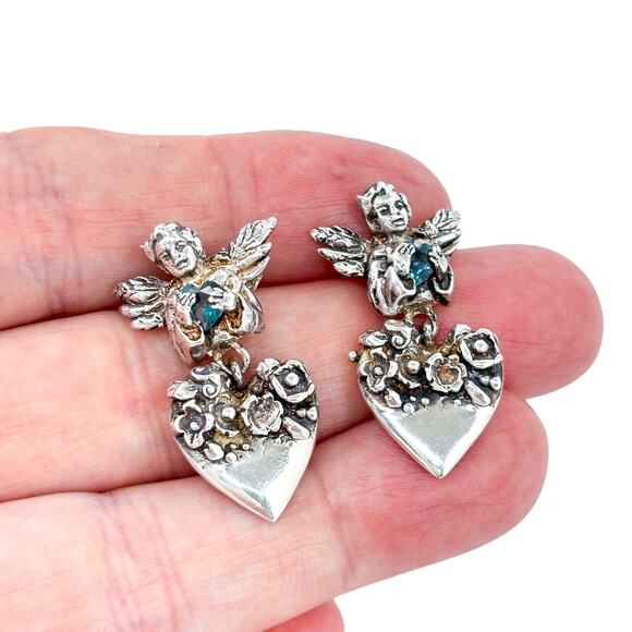 Vintage Sterling Silver Angel Heart Earrings | Iolite Gem Floral Drop Jewelry - Picture 1 of 8